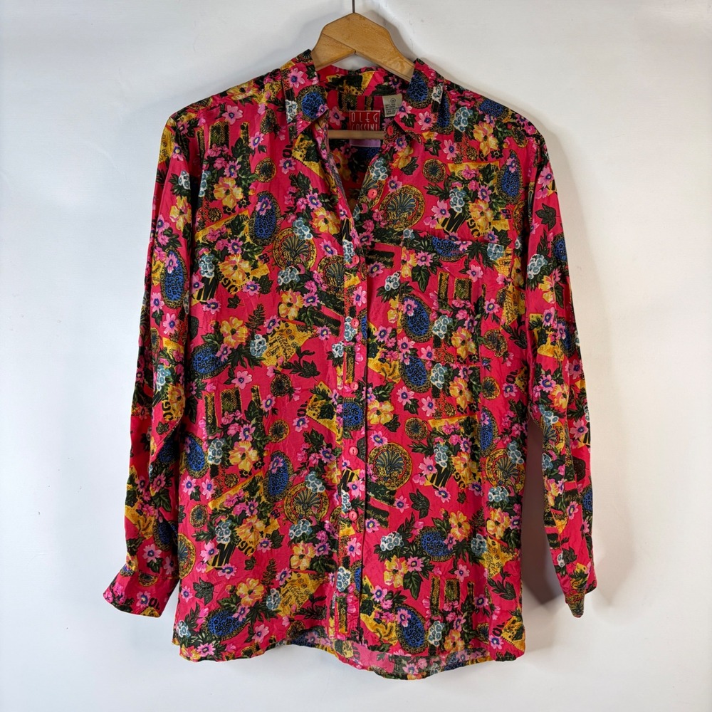 Oleg Cassini Button Down Shirt Womens Medium Pink Silk Floral Medallion Blouse